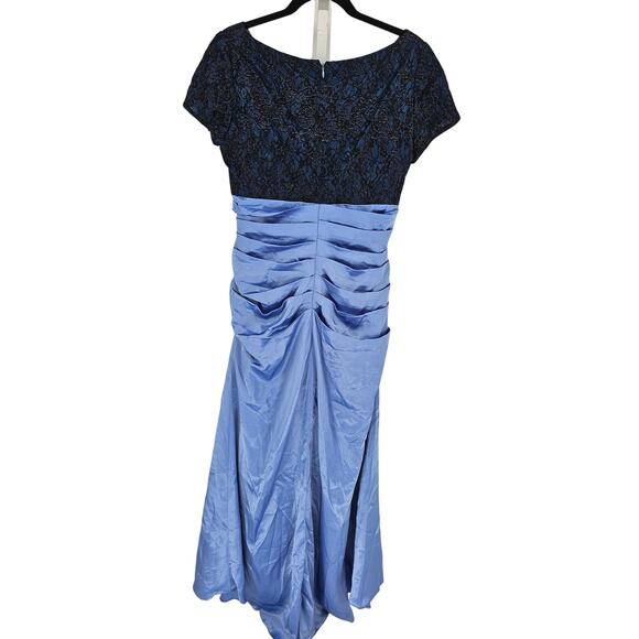 Women's Blue & Black Floral Beaded Ruched V-Neck Fit & Flare Prom Dress Size L - Picture 2 of 4